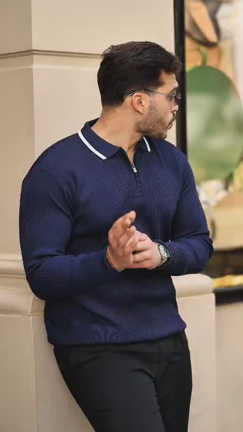 Erkek Fermuarlı Yarım V Yaka Şeritli Triko – Sportif & Şık Tasarım, Rahat Günlük Kazak